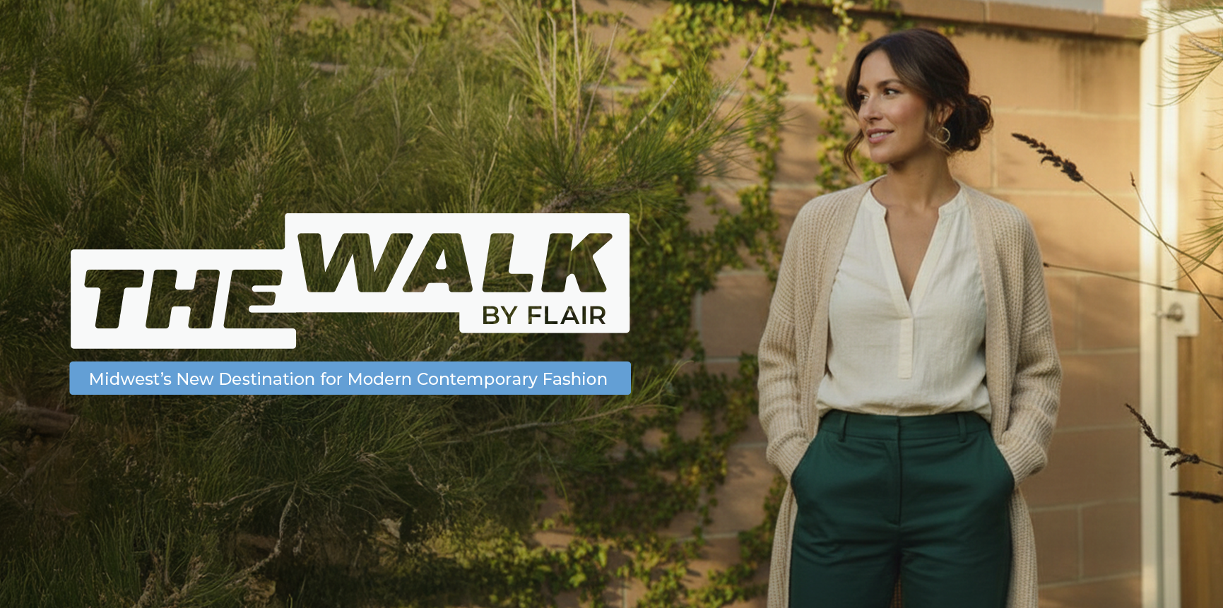 Woman standing outdoors with 'The Walk by Flair' branding